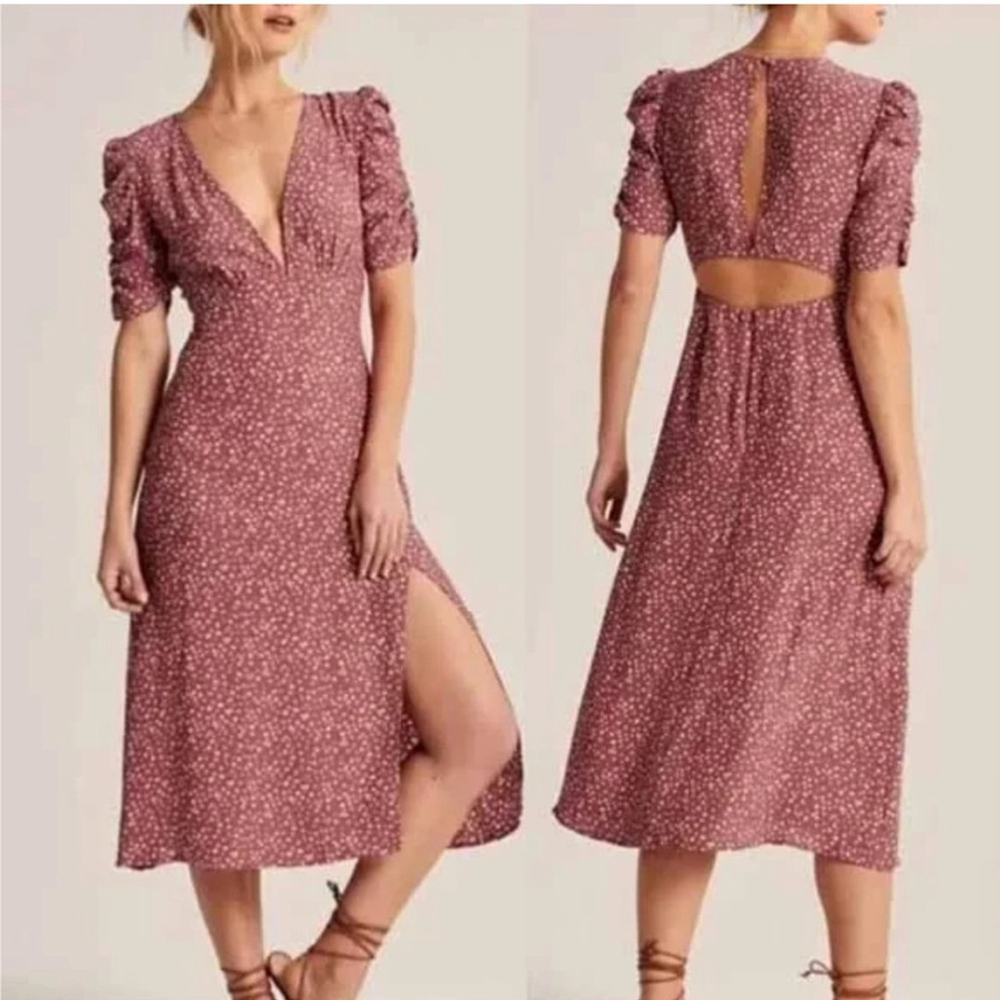 new Abercrombie & Fitch Backless Pink Floral Dress Midi Polka Dot